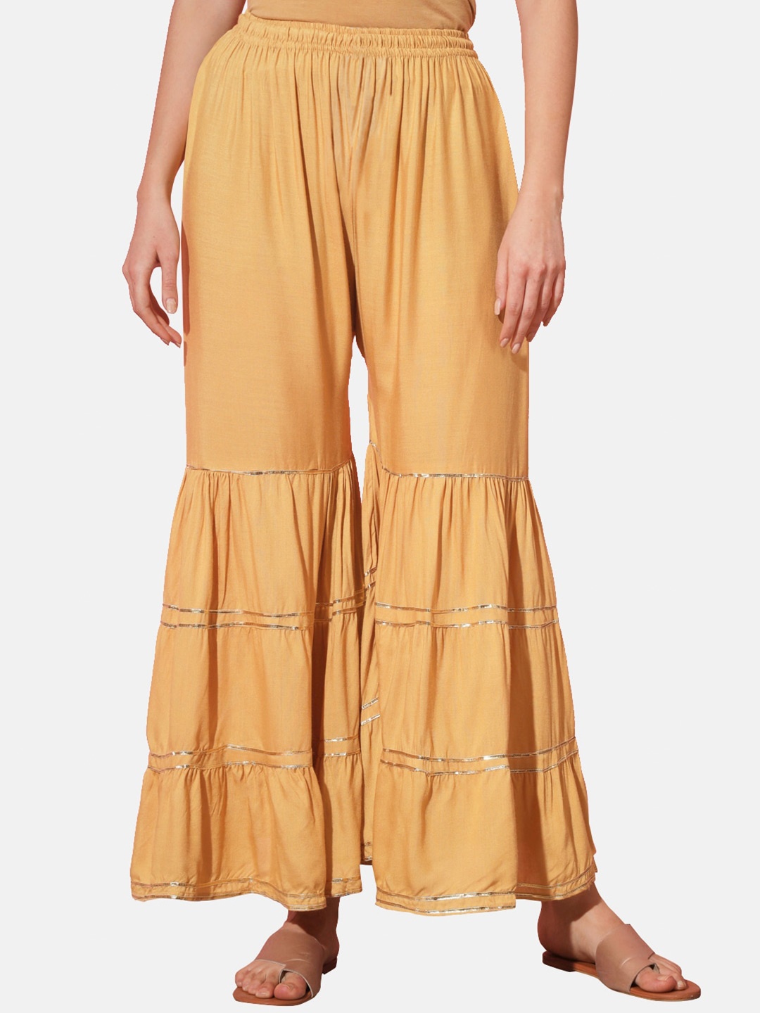 

BUY NEW TREND Gotta Patti Flared Knitted Palazzos, Beige