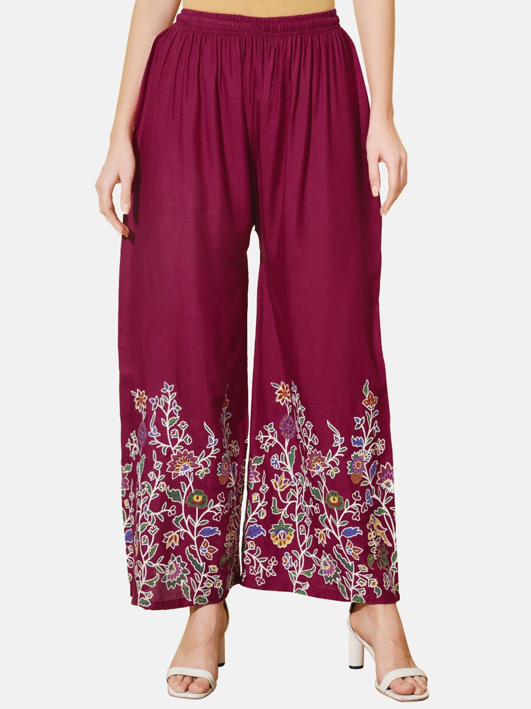 

BUY NEW TREND Floral Hem Design Flared Knitted Ethnic Palazzos, Maroon