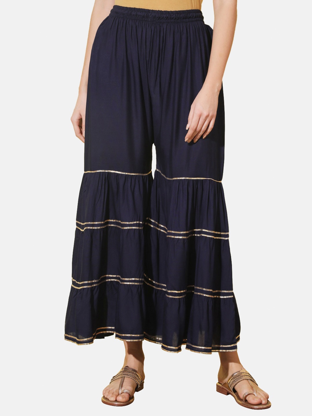 

BUY NEW TREND Women Flared Knitted Palazzos, Navy blue