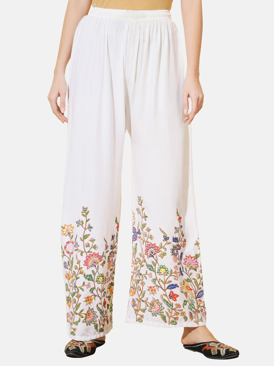 

BUY NEW TREND Women Floral Printed Flared Knitted Palazzos, White