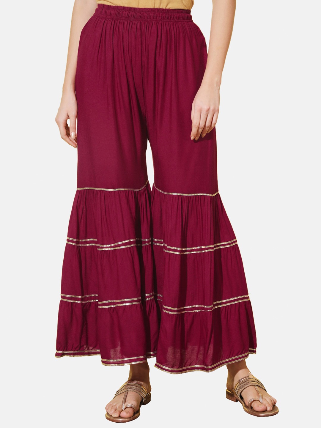 

BUY NEW TREND Women Gotta Patti Details Flared Knitted Palazzos, Maroon