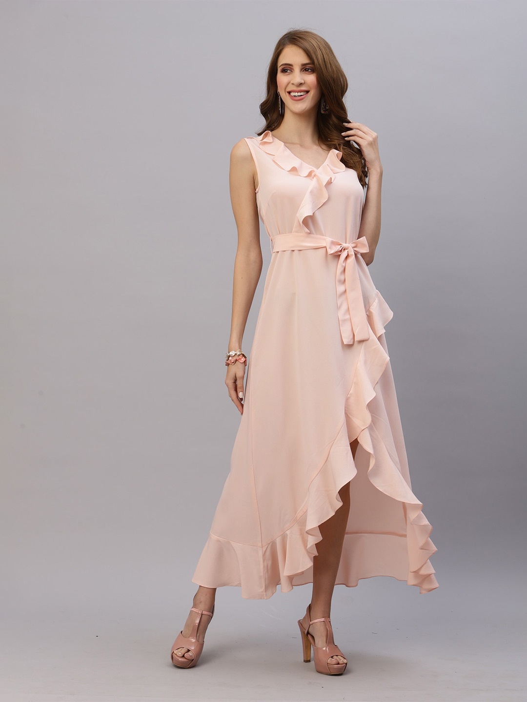 

RAASSIO Crepe Ruffled High-Low Midi Wrap Dress, Pink