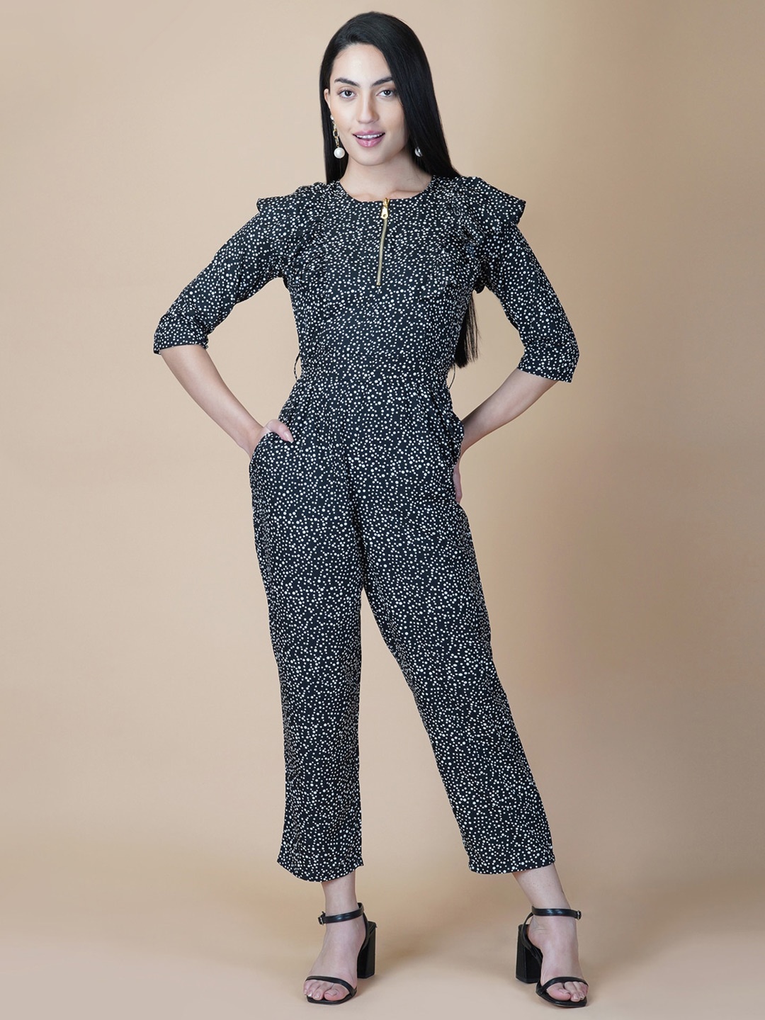 

RAASSIO Printed Basic Jumpsuit with Frills, Black