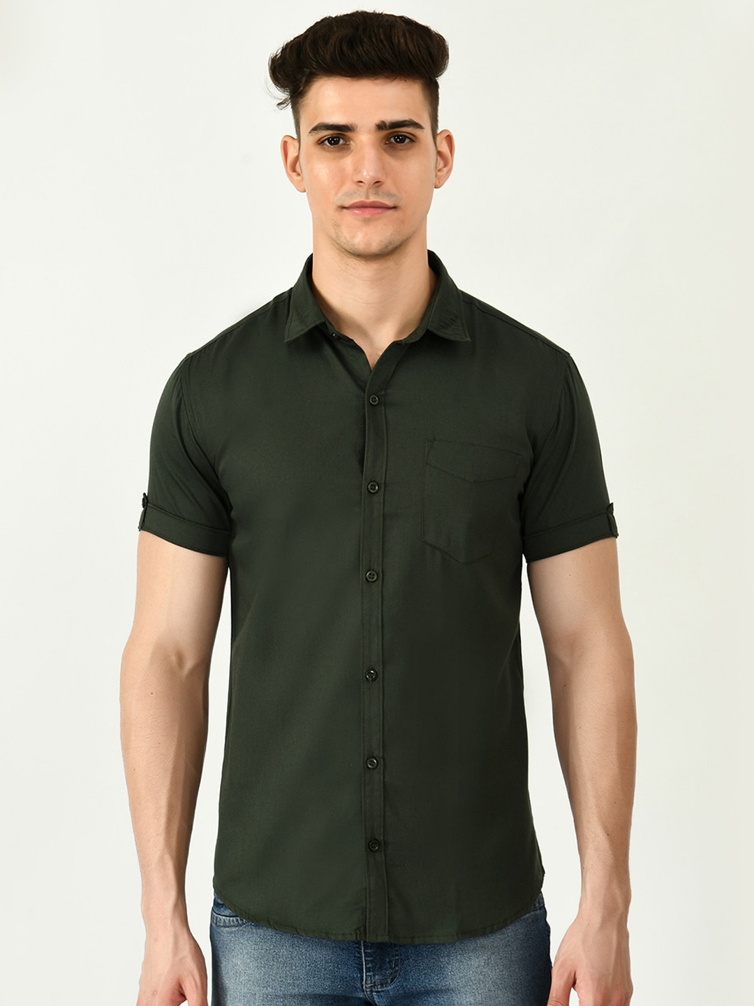 

Riara Men Smart Casual Twill Weave Casual Pure Cotton Shirt, Green