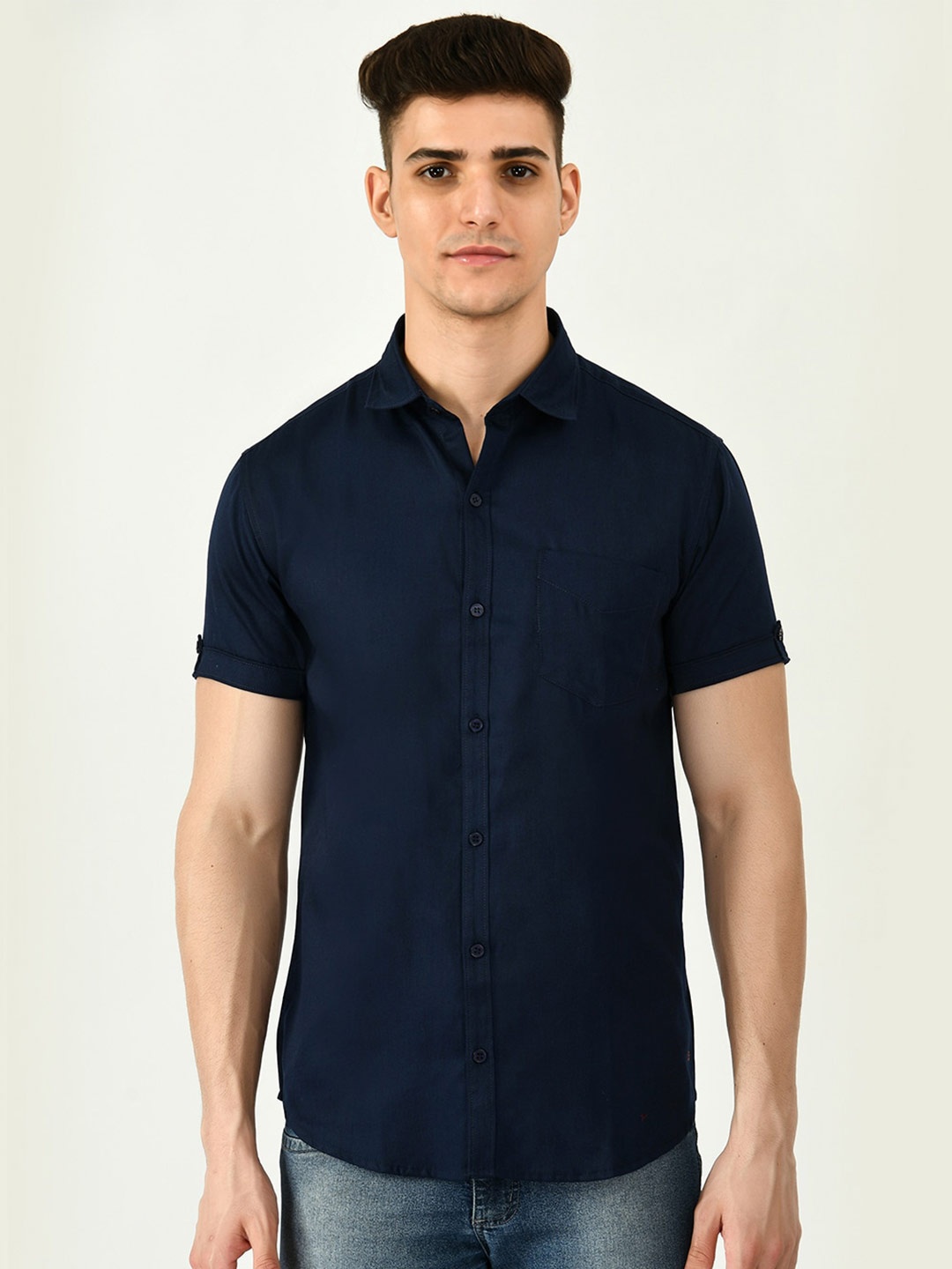 

Riara Smart Spread Collar Regular Fit Casual Cotton Shirt, Navy blue