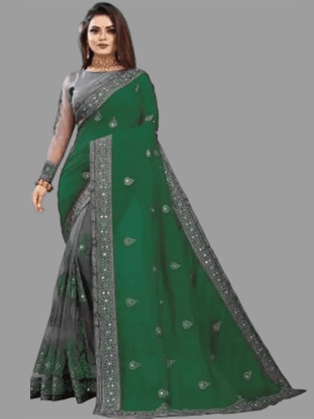 

APNISHA Floral Embroidered Half and Half Saree, Green