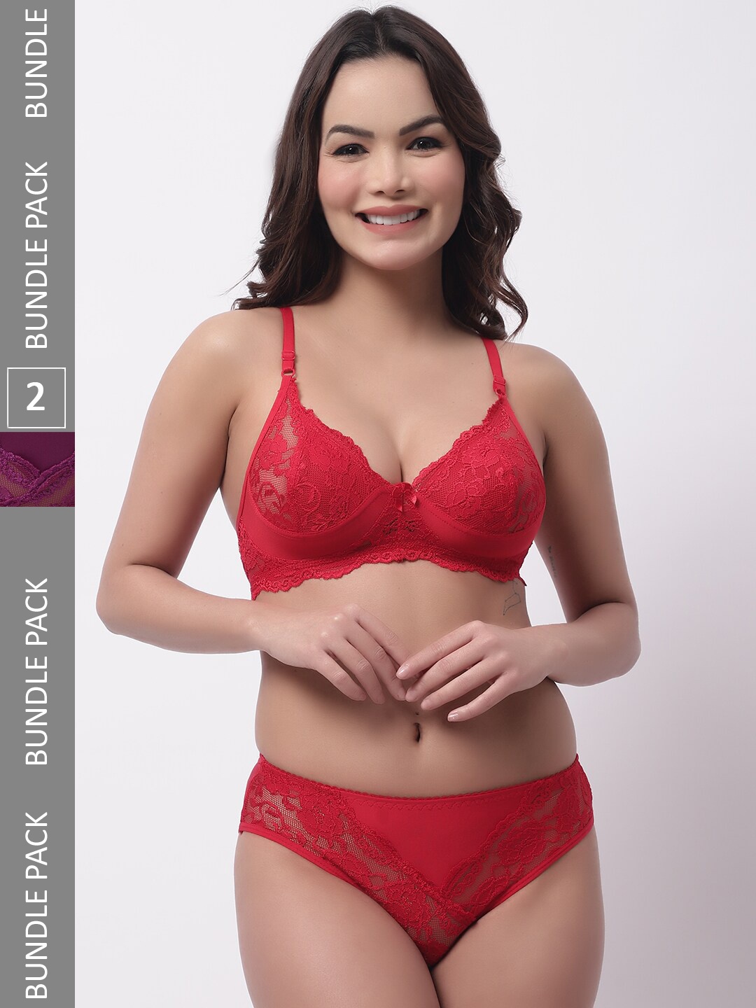 

GRACIT Pack Of 2 Self-Design Lace Lingerie Set LST12-03-16-30, Red