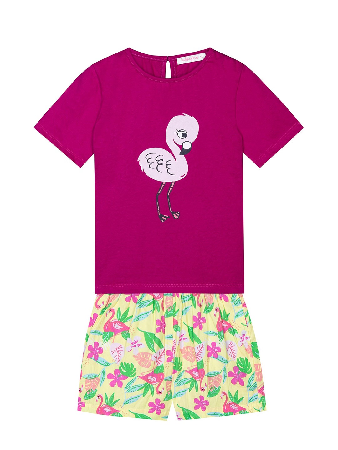 

Budding Bees Girls Pure Cotton Printed T-shirt with Shorts, Purple