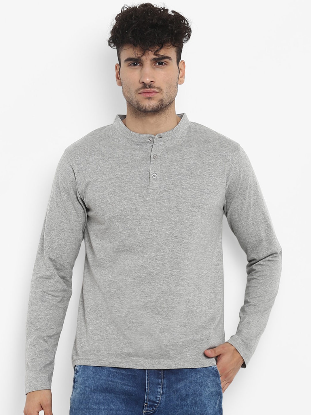 

appulse Henley Neck Long Sleeves Cotton T-shirt, Grey melange