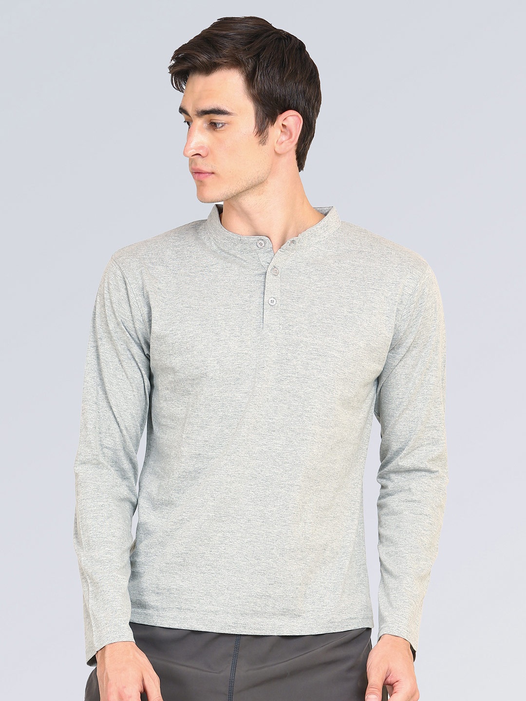 

appulse Mandarin Collar Long Sleeve Cotton T-shirt, Grey melange