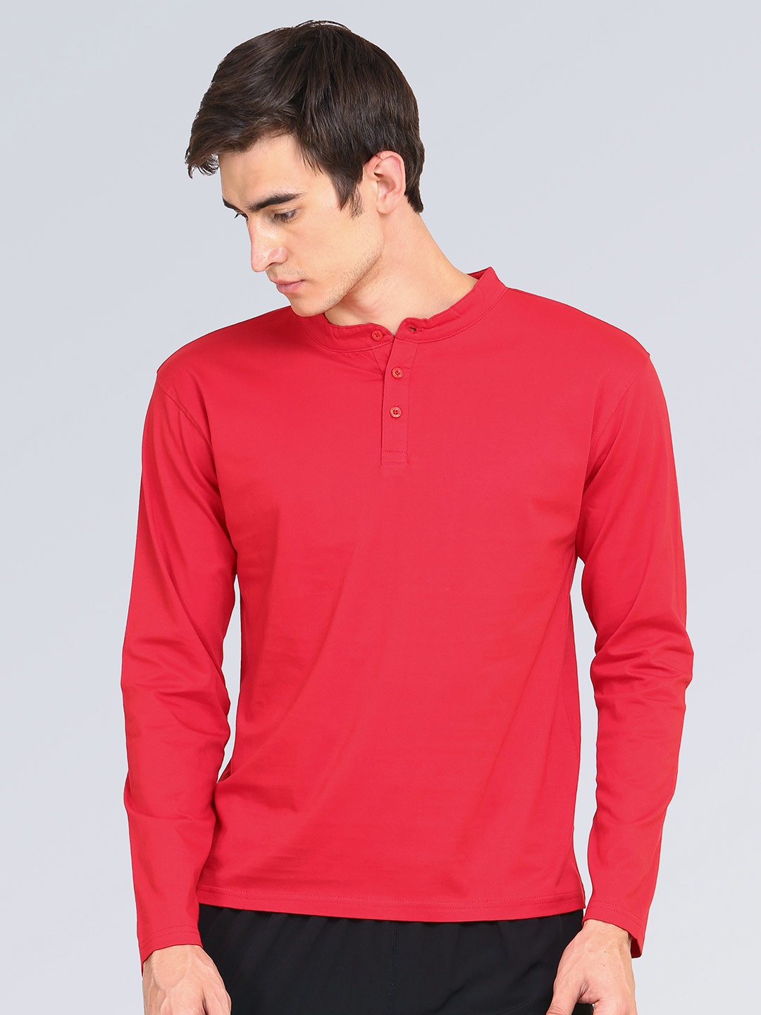 

appulse Henley Neck Long Sleeve Cotton T-shirt, Red