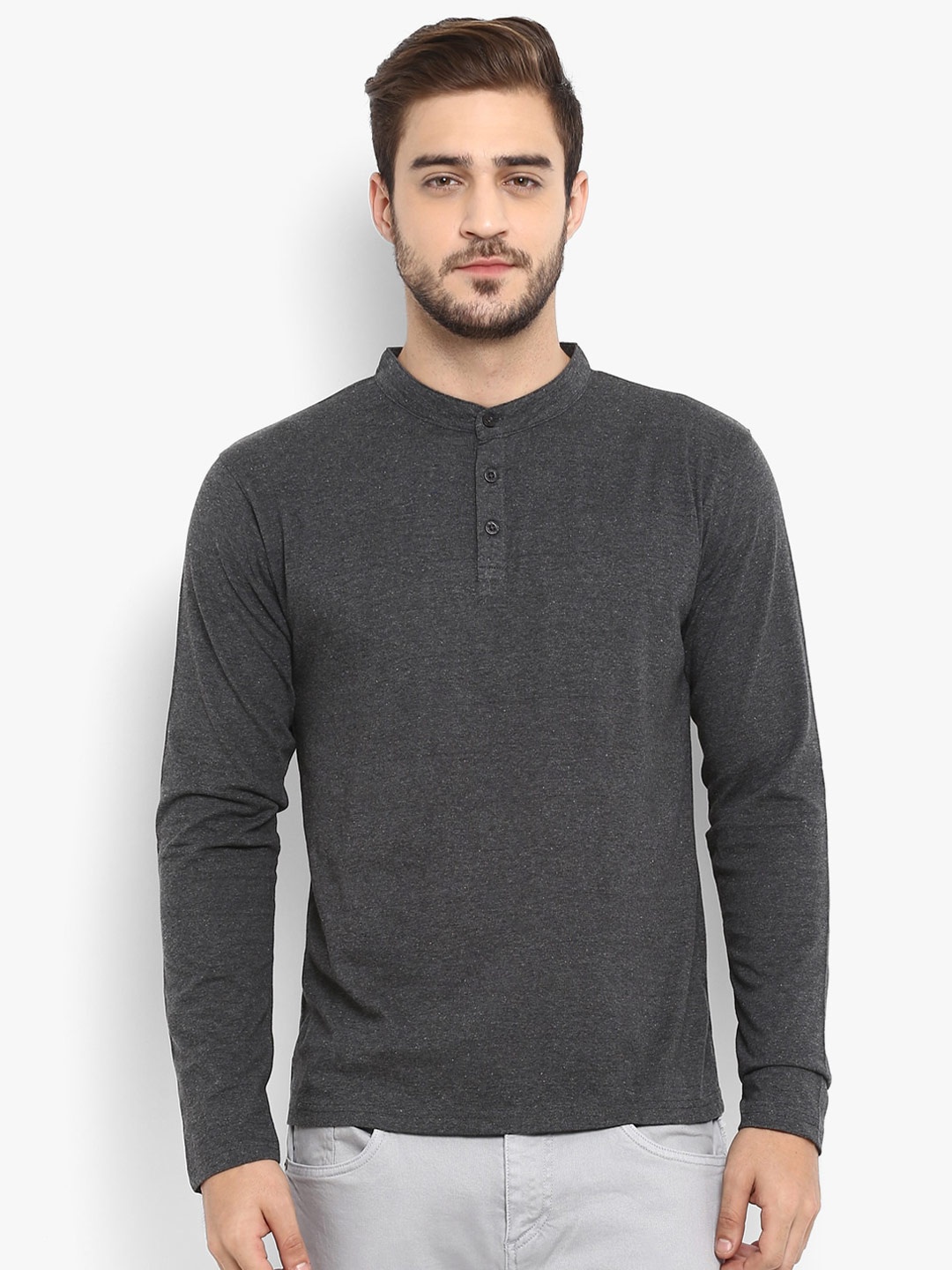 

appulse Long Sleeve Mandarin Collar Cotton T-shirt, Charcoal