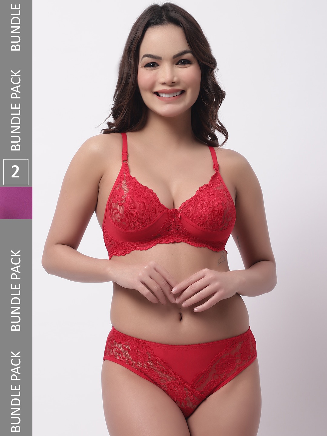 

Jinfo Pack Of 2 Self Design Laced Lingerie Set JI-LST12-03-16-32, Red