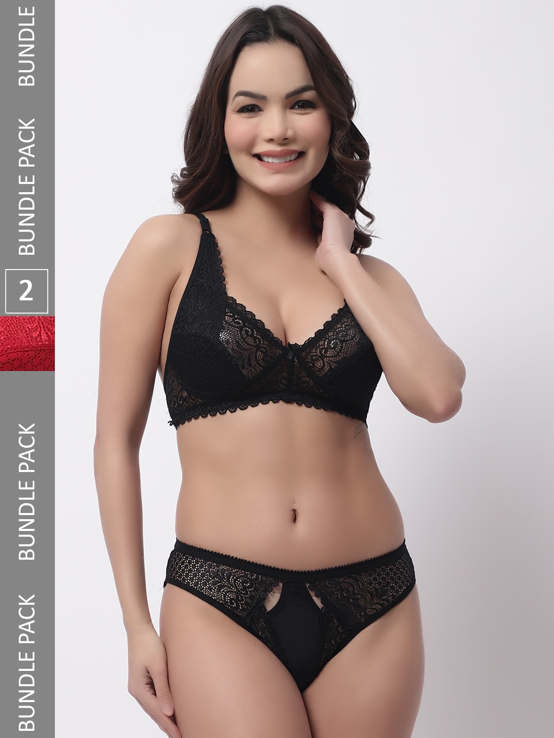 

Jinfo Pack Of 2 Self-Design Lace Lingerie Set JI-LST11-01-03-30, Black