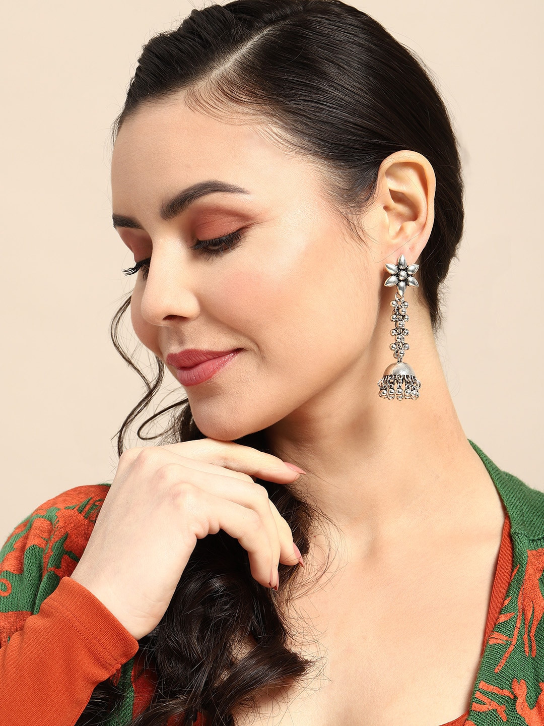 

Sangria Oxidised Artificial Beaded Floral Jhumkas, Silver