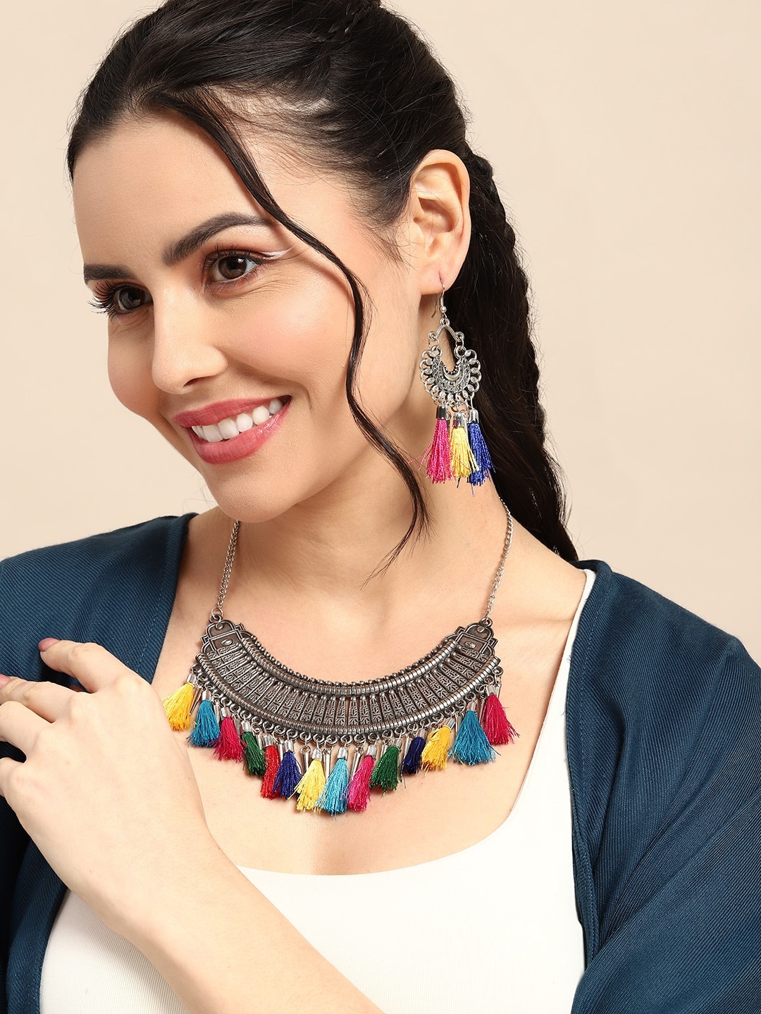 

Sangria Women Oxidised Tasselled Jewellery Set, Silver