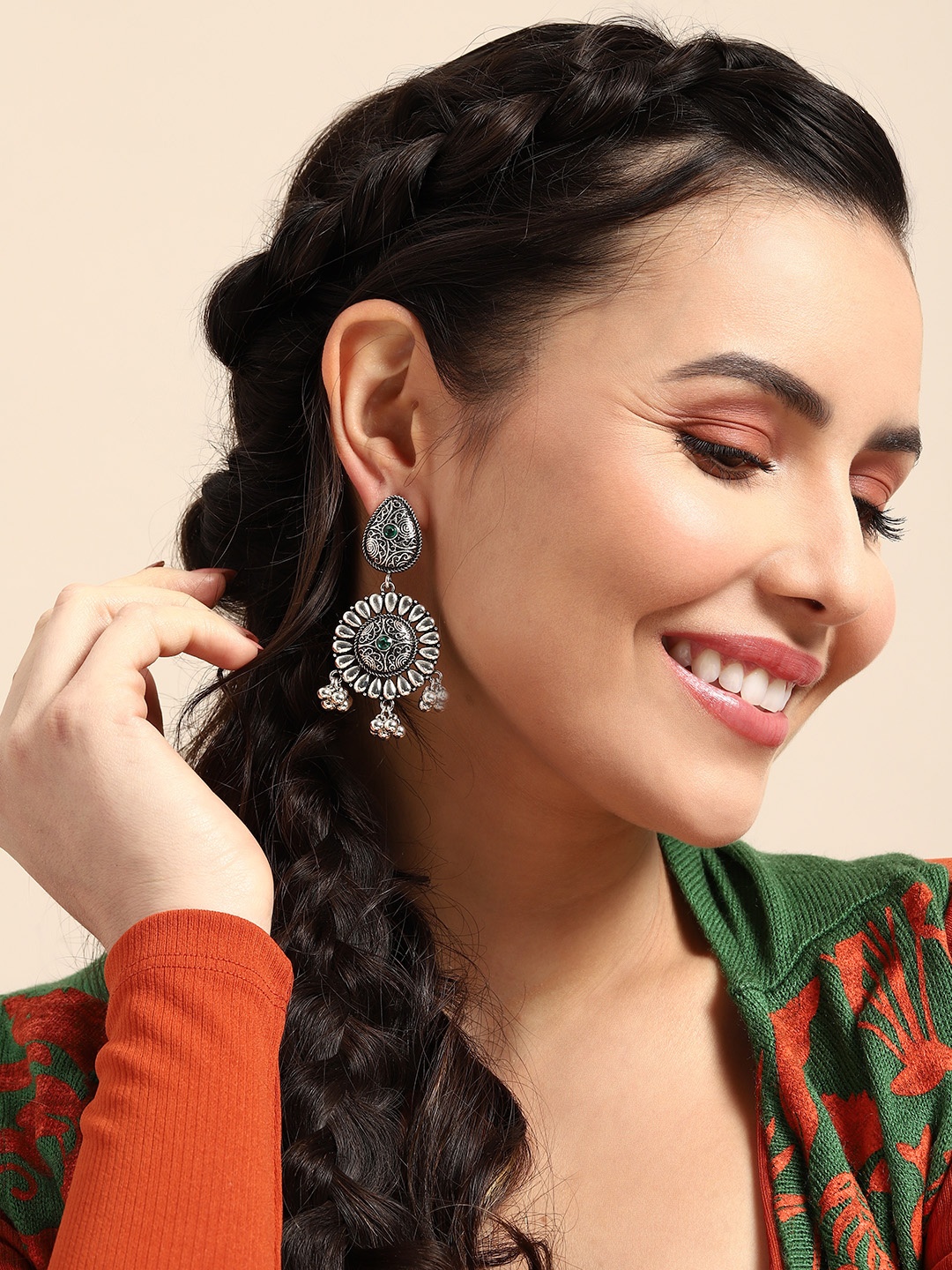 

Sangria Oxidised Artificial Stones & Beads Studded Contemporary Jhumkas, Silver