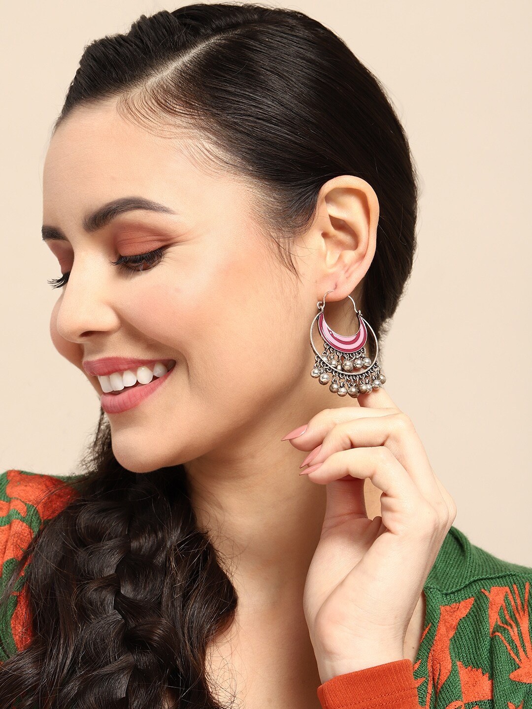 

Sangria Crescent Shaped Oxidised Chandbalis, Silver