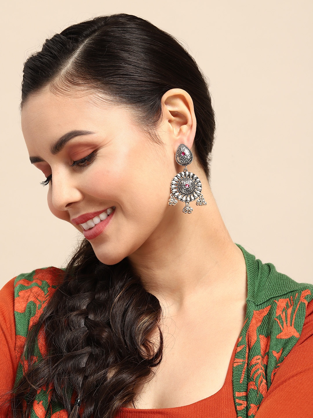 

Sangria Floral-Shaped Oxidised Drop Earrings, Silver