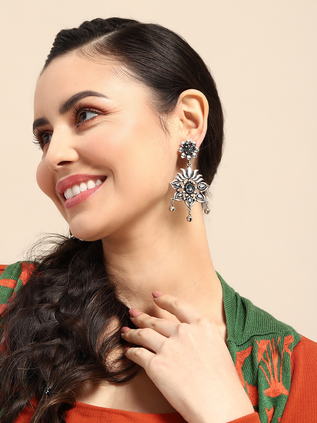 

Sangria Oxidised Artificial Stones & Beads Studded Floral Drop Earrings, Silver