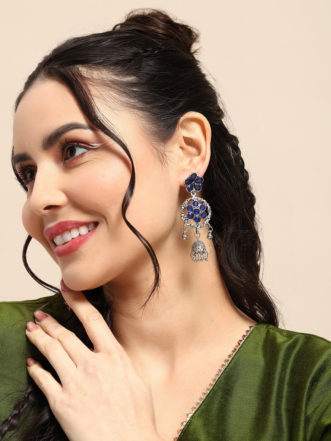 

Sangria Oxidised Artificial Stones & Beads Contemporary Jhumkas, Silver
