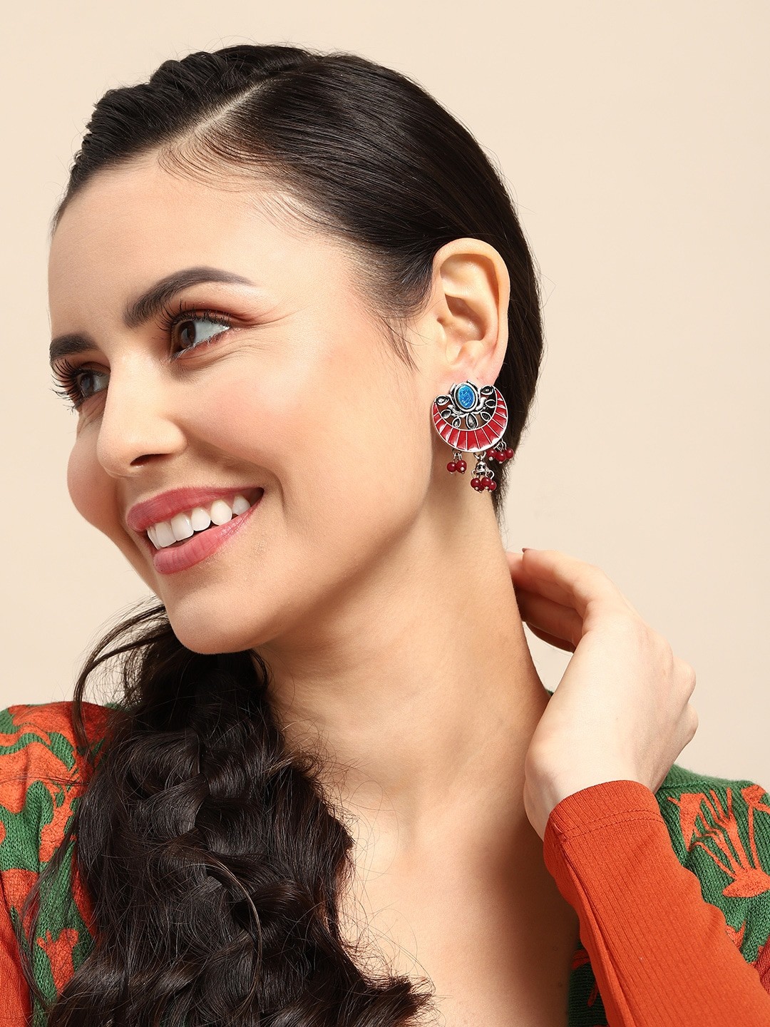 

Sangria Crescent Shaped Oxidised Drop Earrings, Red