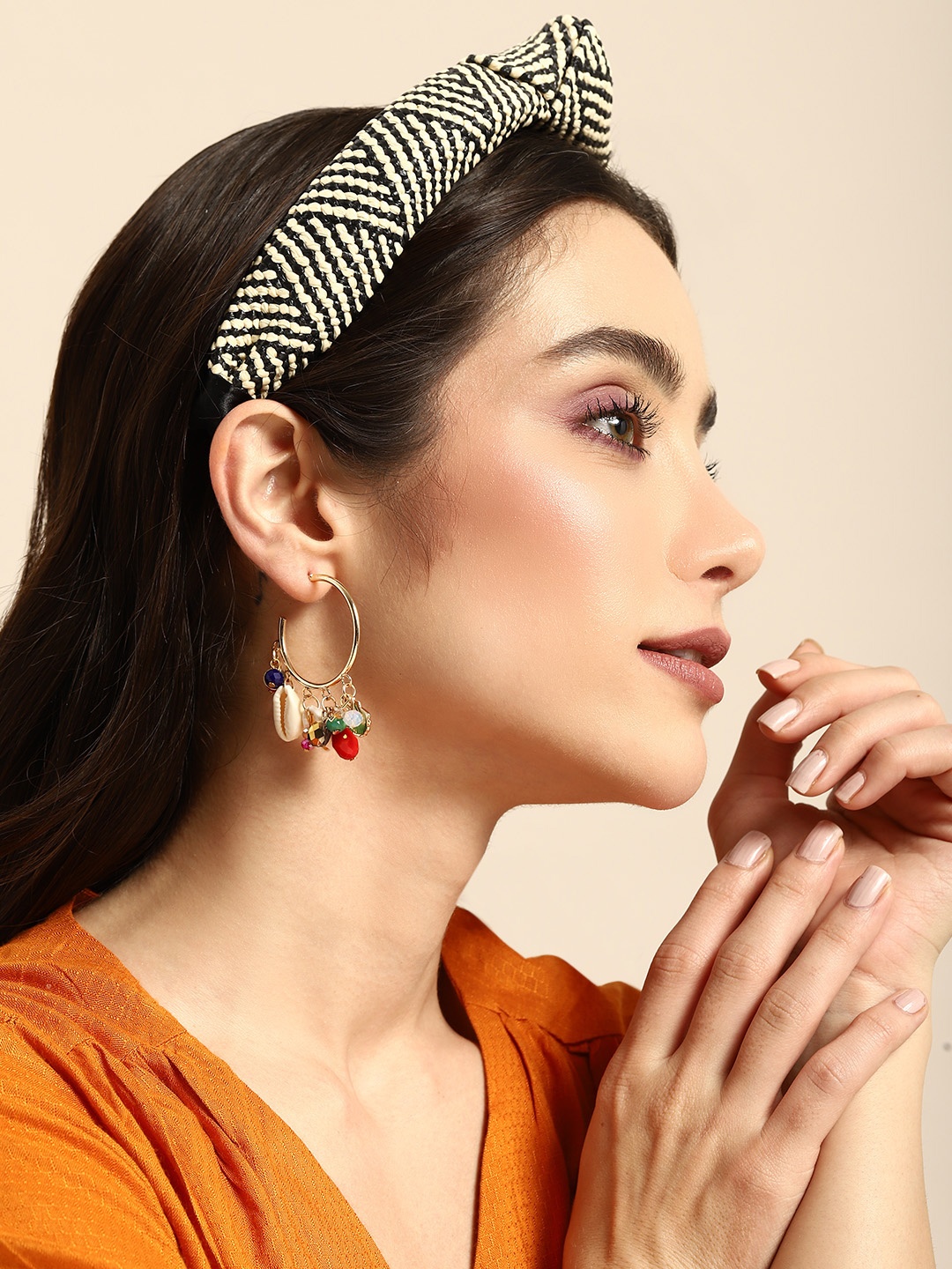 

Sangria Semi Circular Shaped Half Hoop Beaded Earrings, Gold