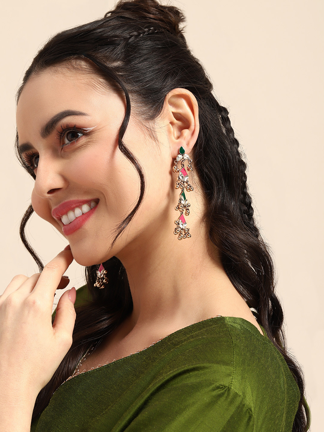 

Sangria Enamelled Geometric Artificial Stones Drop Earrings With Minimal Antique Detail, Gold