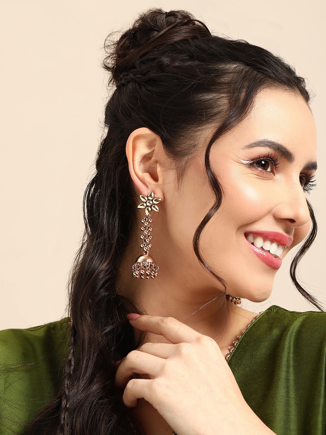 

Sangria Antique Artificial Beads Classic Jhumkas, Gold