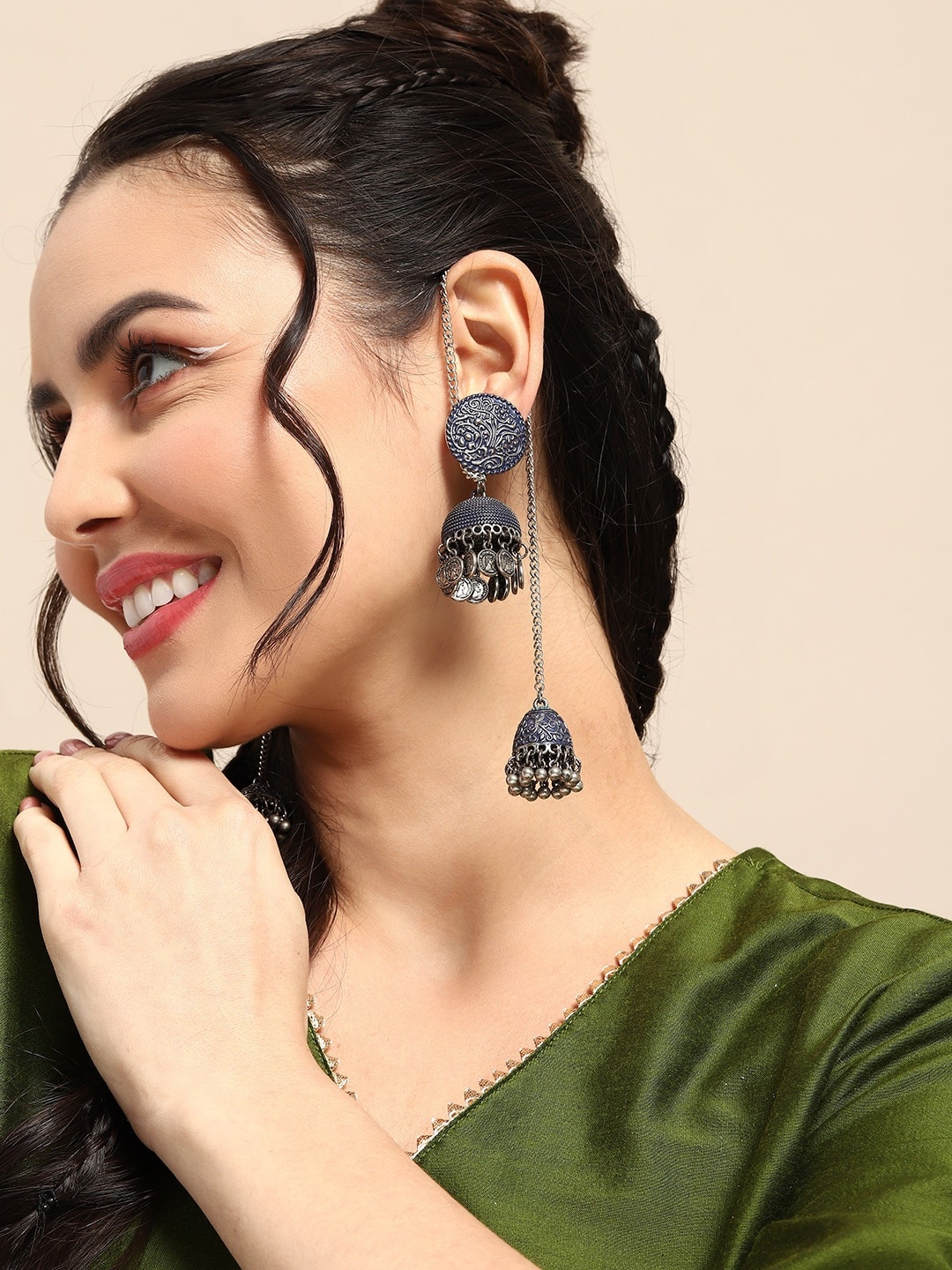 

Sangria Oxidised Artificial Beads Contemporary Jhumkas With Ear Chain & Intricate Design, Navy blue