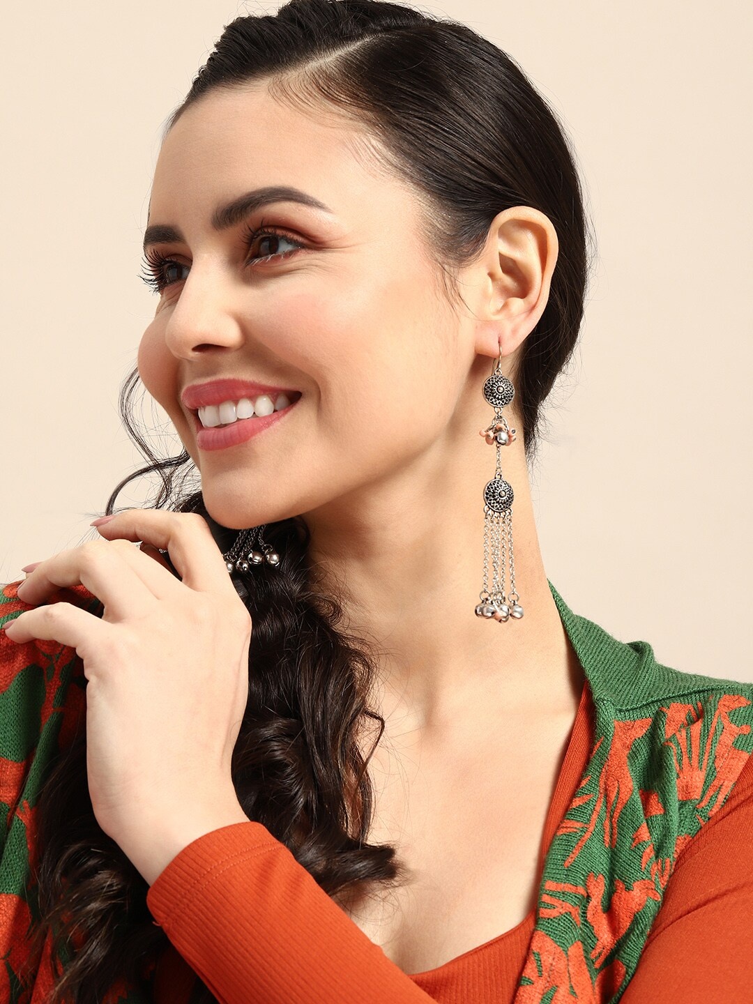 

Sangria Oxidised Contemporary Jhumkas, Silver