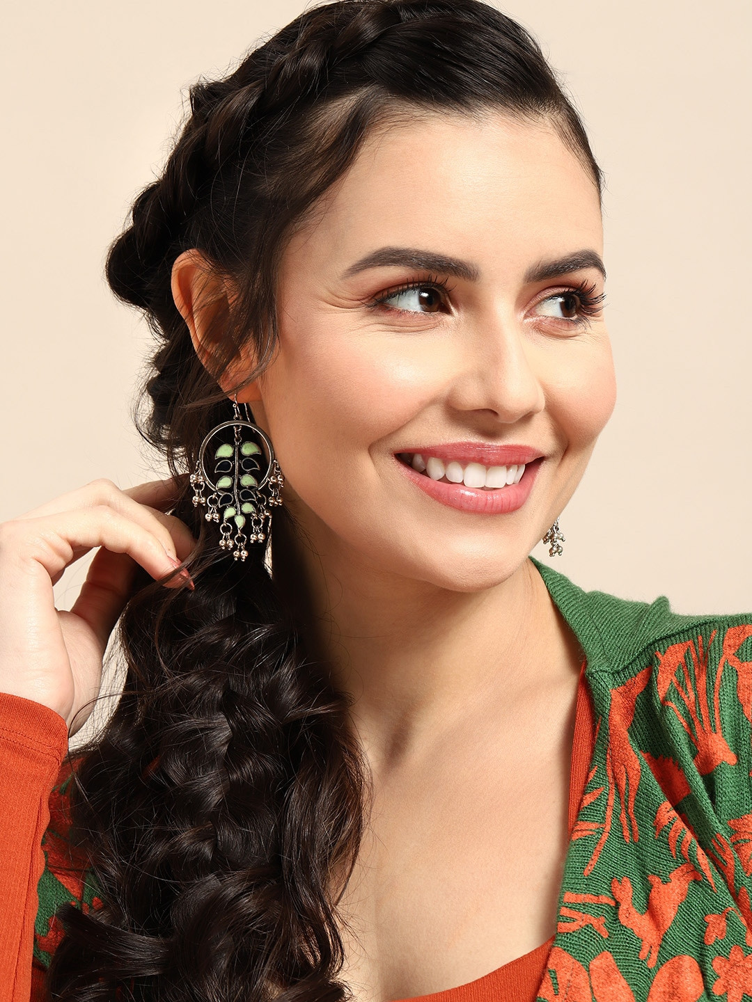 

Sangria Enamelled & Oxidised Leaf Shaped Drop Earrings, Silver