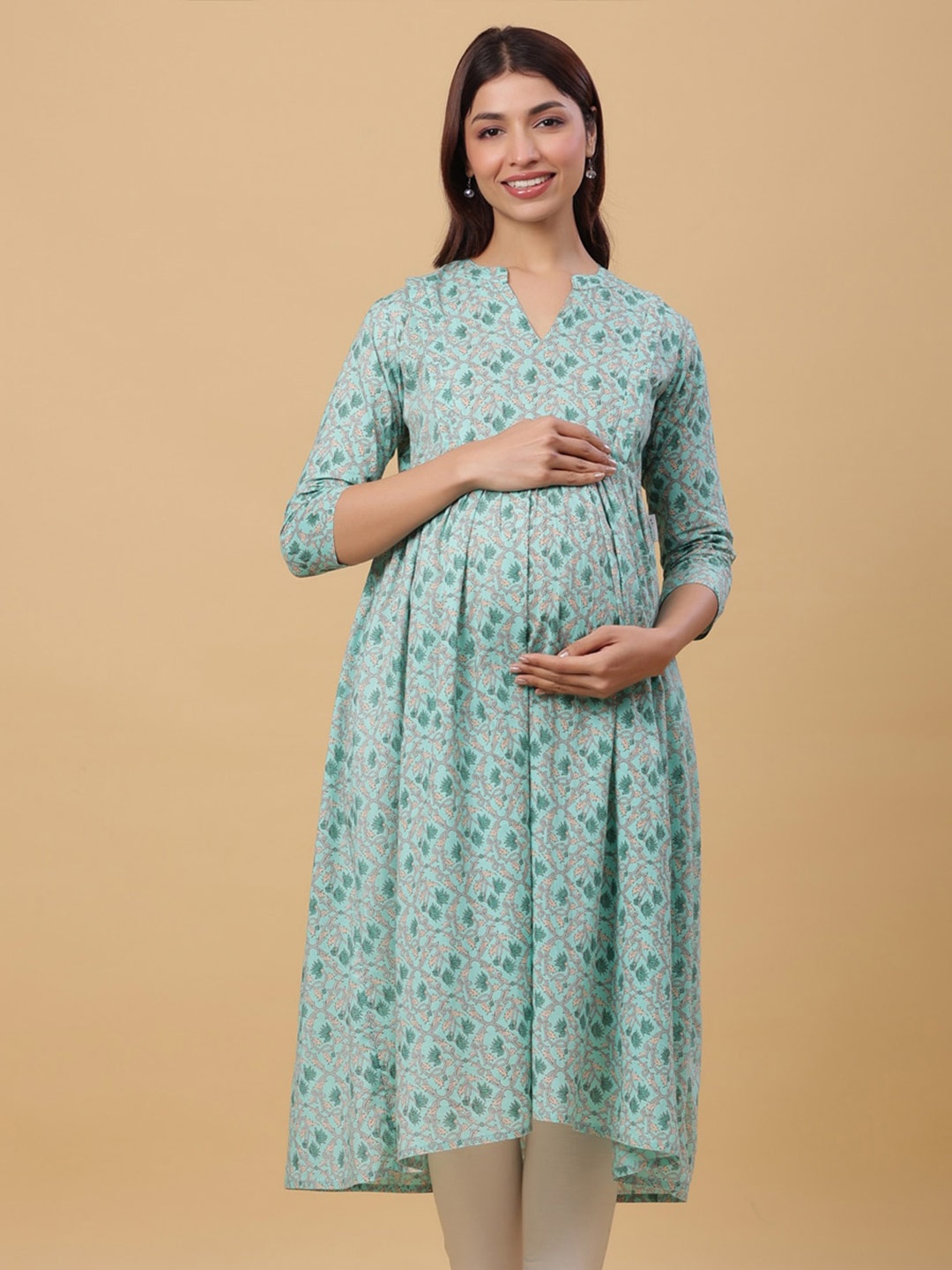 

CRAFIQA Floral Printed Pure Cotton Maternity Anarkali Kurta, Sea green