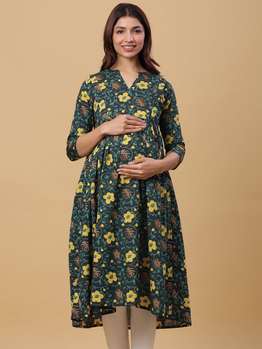 

CRAFIQA Floral Printed Pure Cotton Maternity Anarkali Kurta, Green