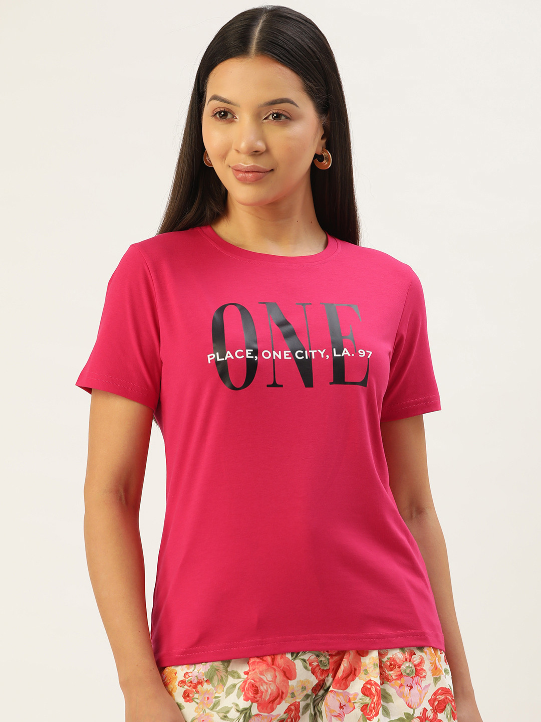 

FEMEA Round Neck Typography Printed T-shirt, Pink