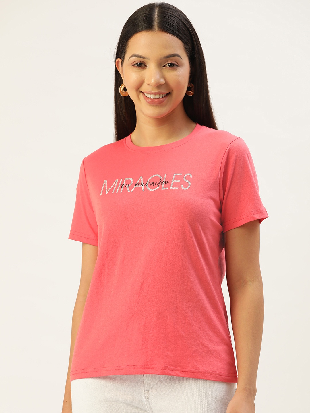 

FEMEA Round Neck Typography Print T-shirt, Pink