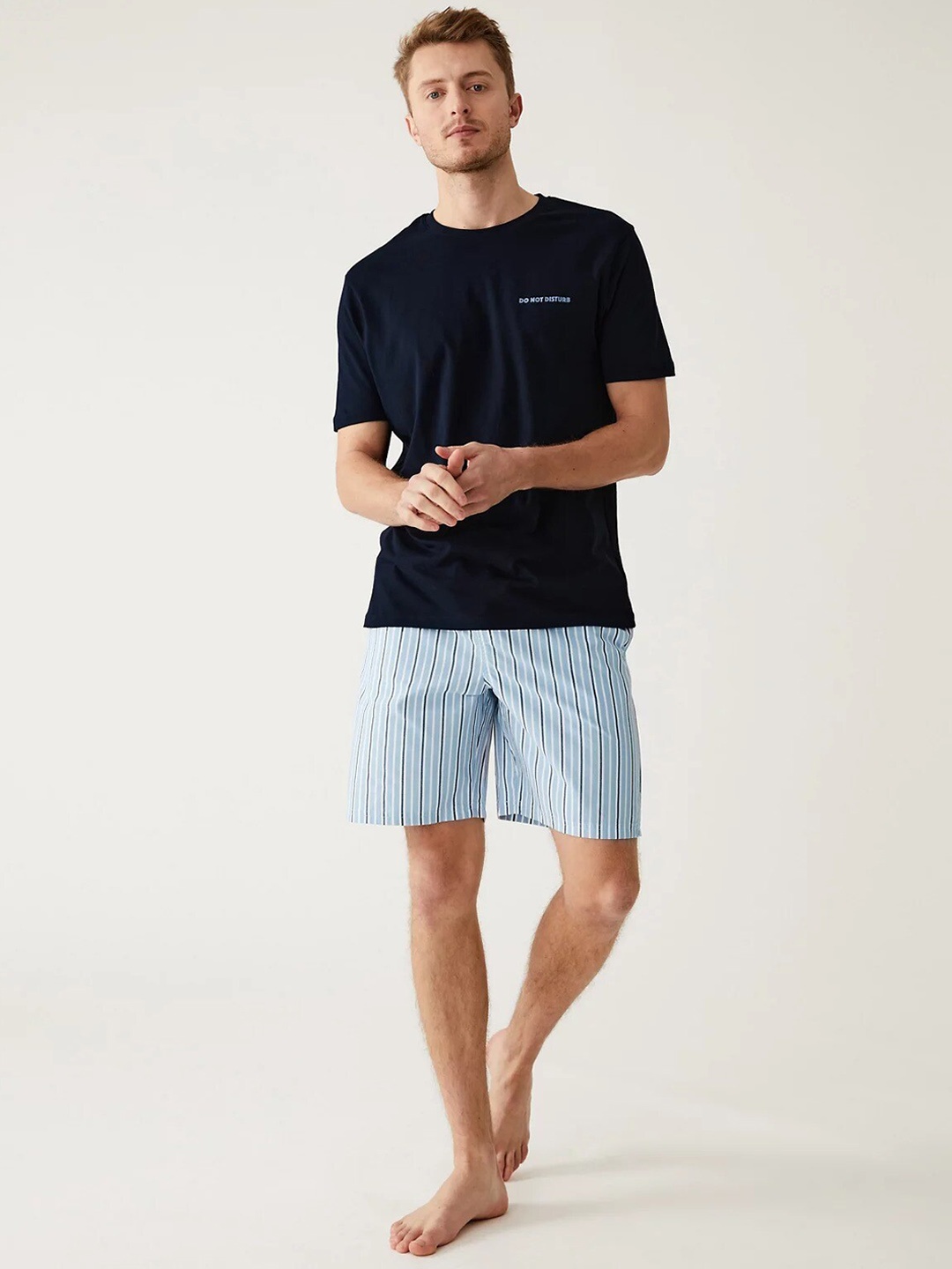 

Marks & Spencer Striped Pure Cotton Night Suit, Navy blue