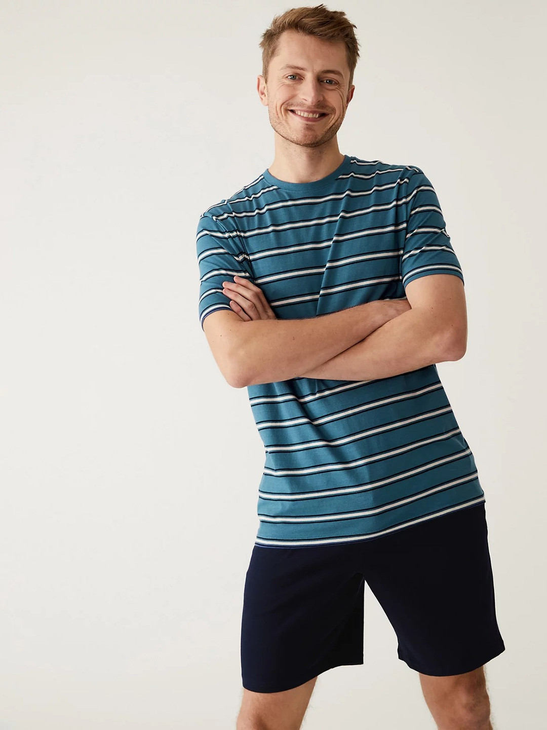 

Marks & Spencer Striped Pure Cotton Night Suit, Blue