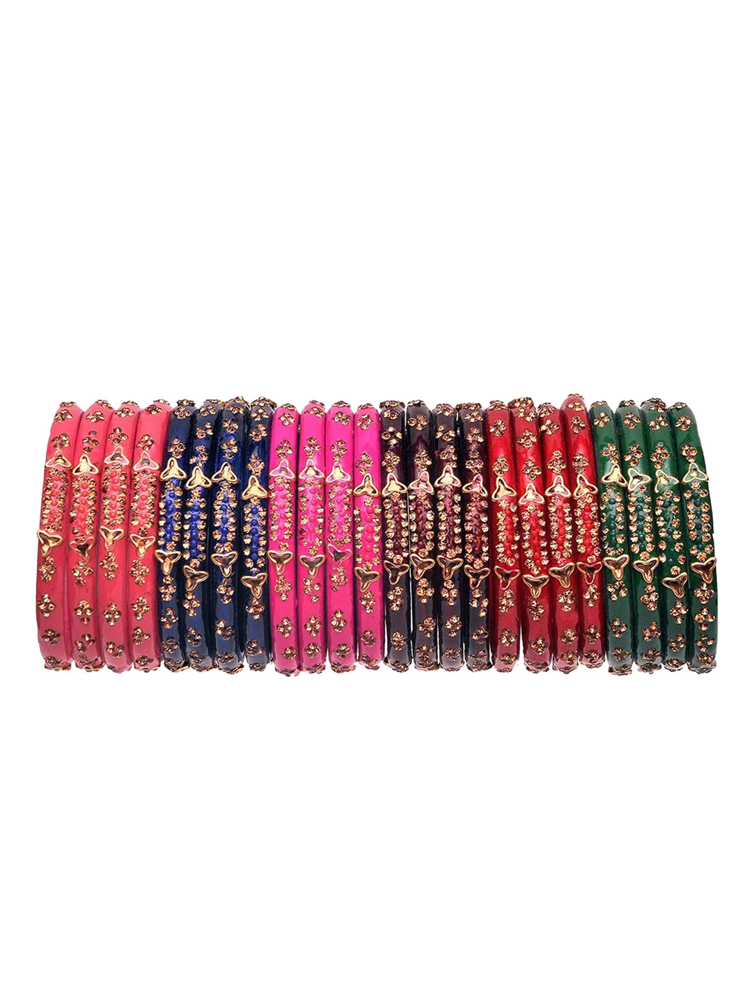 

NMII Set of 24 Zircon Gemstone Studded & Beaded Glass Bangles, Pink