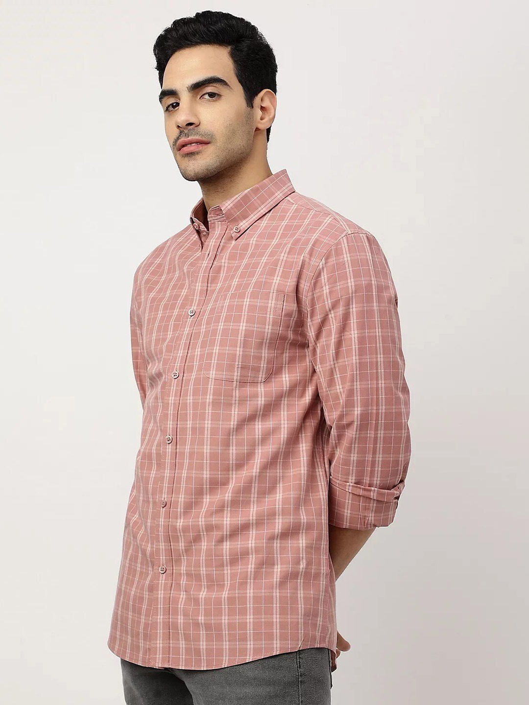 

Marks & Spencer Grid Tattersall Checked Casual Pure Cotton Shirt, Pink