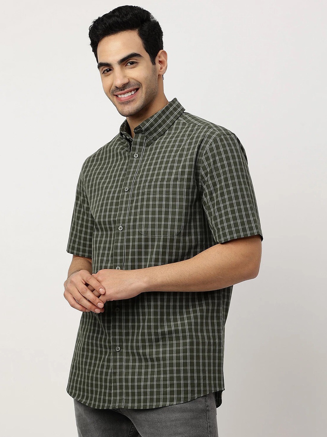 

Marks & Spencer Men Grid Tattersall Checked Casual Shirt, Green