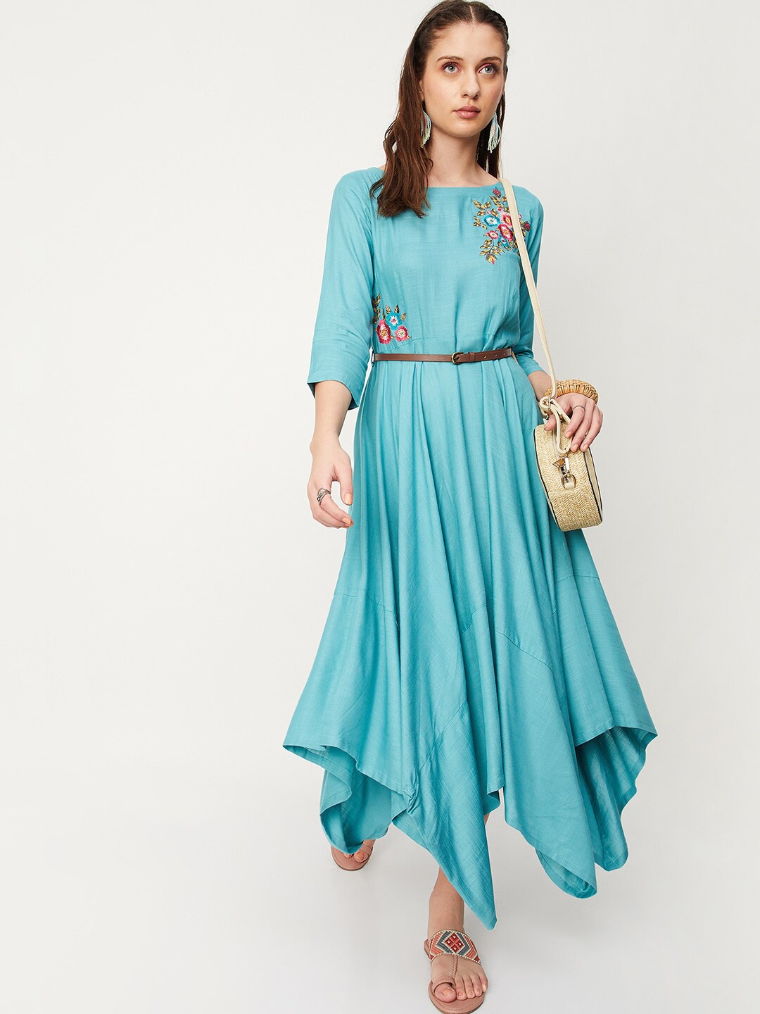 

max Floral Embroidered A-Line Cotton Dress, Blue