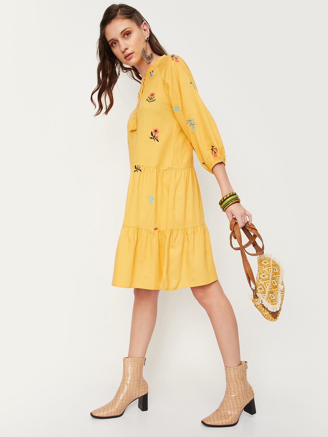 

max Floral Embroidered Tie-Up Neck A-Line Dress, Mustard