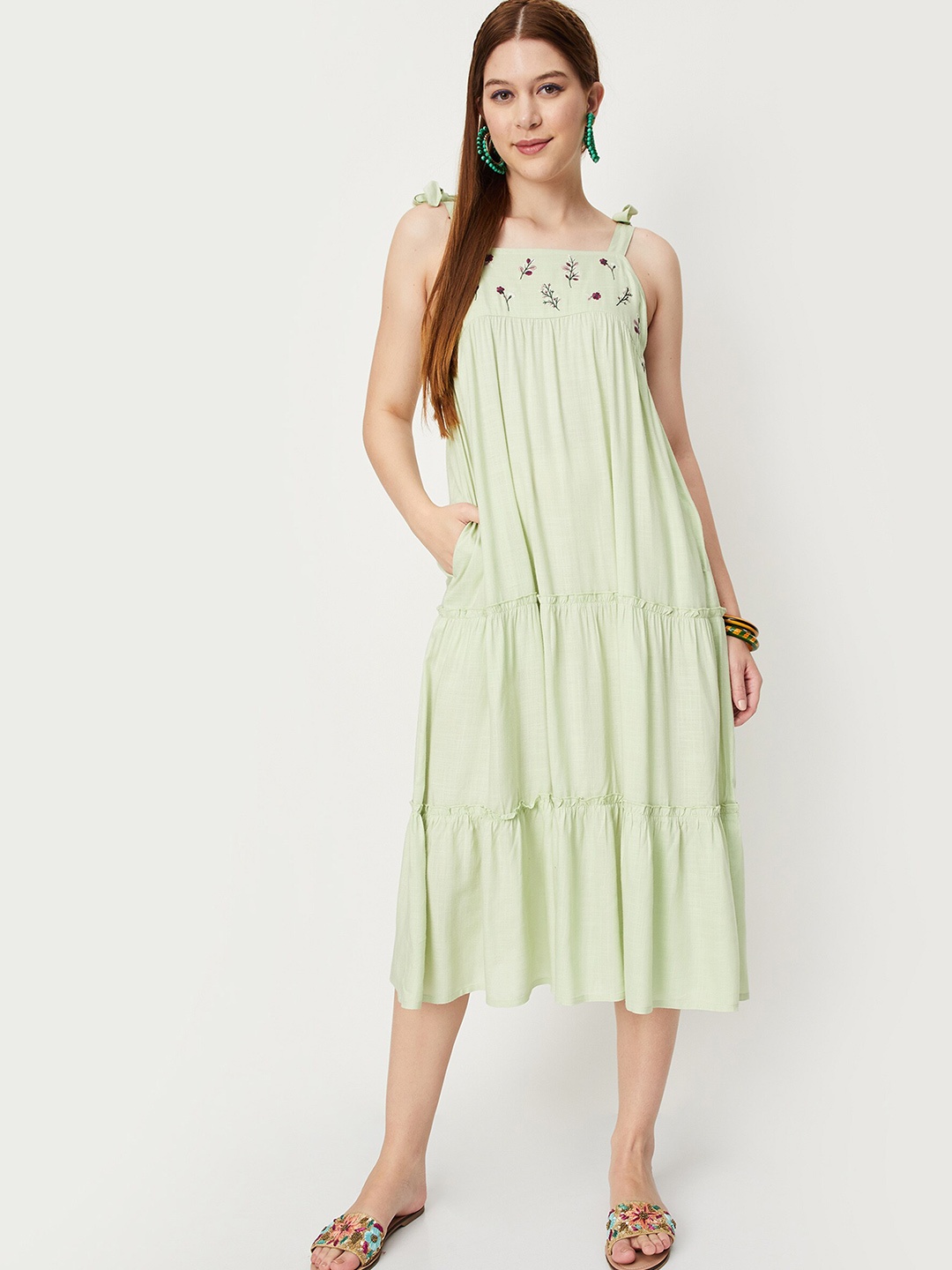 

max Embroidered Sleeveless A-Line Midi Dress, Green
