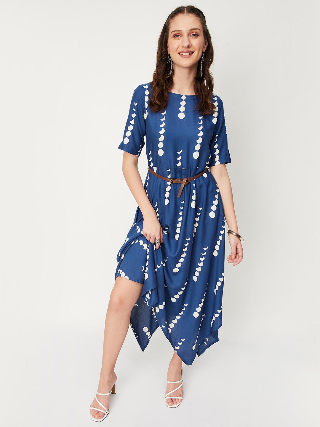 

max Geometric Printed Asymmetric Midi Dress, Blue