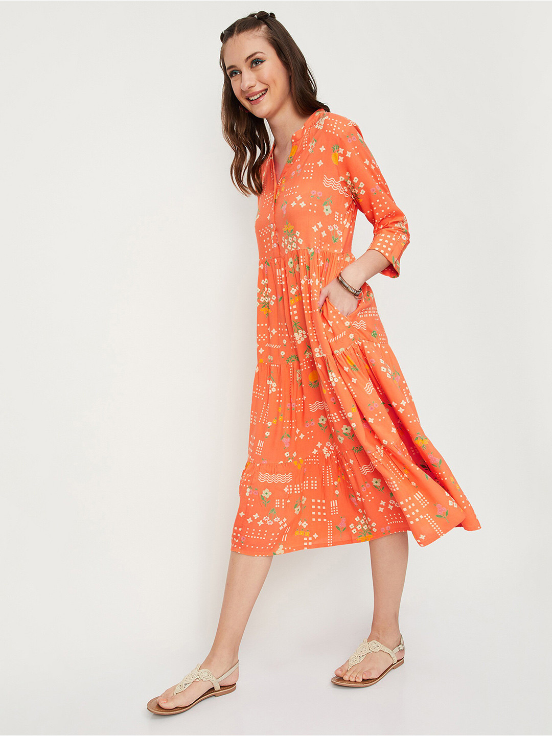 

max Floral Printed Fit & Flare Midi Dress, Orange