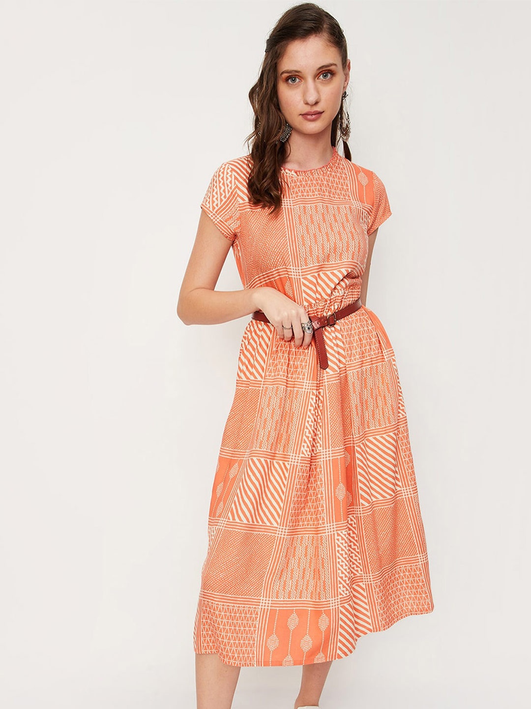 max Ethnic Motifs Printed Short Sleeves Fit & Flare Midi Dress, Coral