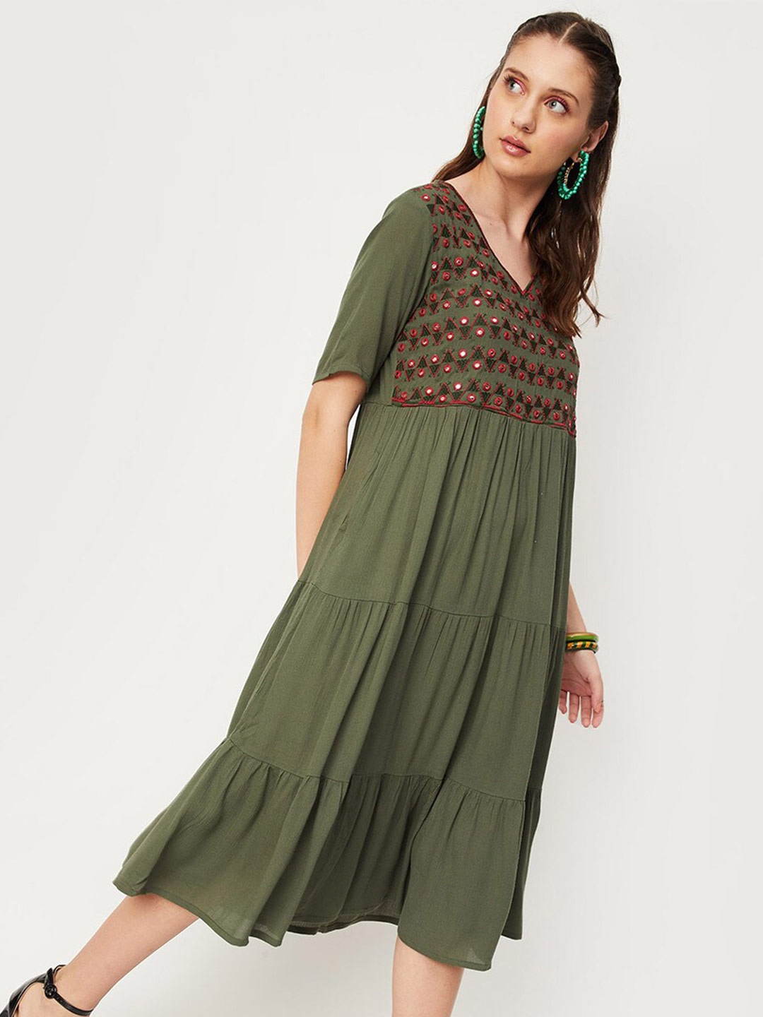 

max Geometric Embroidered V-Neck Mirror Work Tiered Midi Dress, Green
