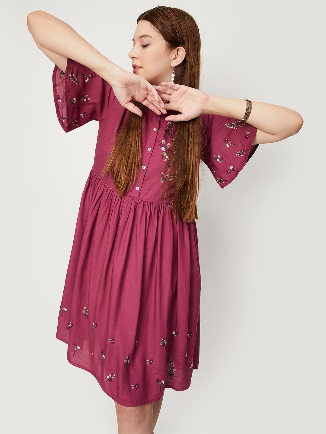 

max Mandarin Collar Floral Embroidered A-Line Dress, Maroon