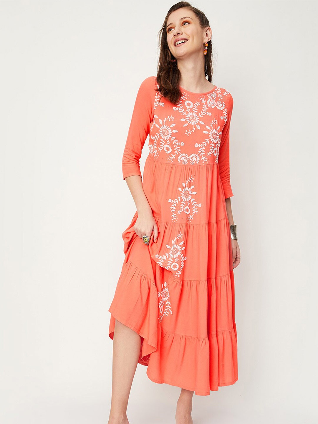 

max Floral Embroidered A-Line Midi Dress, Coral